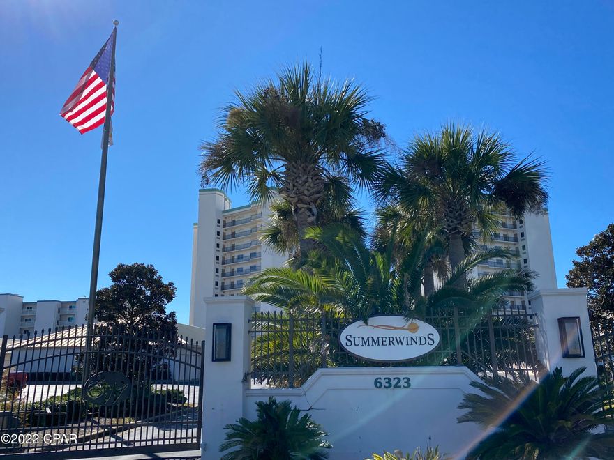 Summerwinds is a fabulous non-rental Gulf front condo complex with only 72 units. This gated community is beautifully landscaped and one of the most meticulously kept complexes in Panama City Beach Florida. The 2-bedroom 2-bathroom unit has 1,600-square feet of furnished living space. Includes a private enclosed garage space too! Tile and solid surface flooring throughout. Upgraded granite counter tops, new cabinets and beautifully tiled showers. Electric roll down exterior shutters. This is the condo complex to see for the beauty of the beach.
