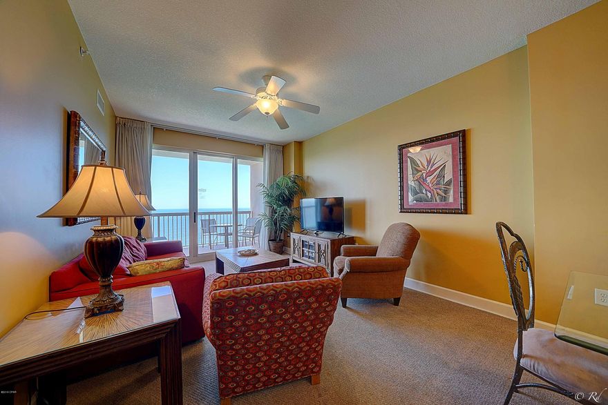 Beautiful views from almost every room!! This spacious 2 bed, 2 bath with an additional bunk room has everything you could possibly need to enjoy beachfront living. It comes fully furnished, ready to move in or use as a rental property. Gourmet kitchen with large dining area as well as a counter bar for additional seating. Master bedroom has a gulf view with balcony access, a tub/shower combo and double vanity. Full laundry room. Sunrise Beach is a perfect location to relax and still enjoy being near places like Pier Park for shopping, entertainment and great restaurants and attractions like Gulf World Marine Park. Fantastic rental potential!