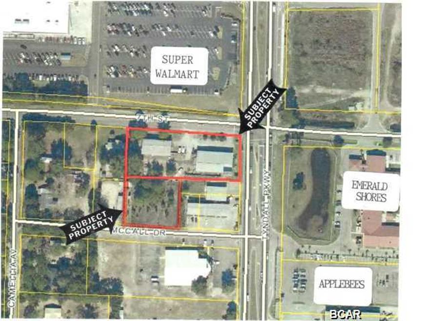 VERY LIKELY EAST SIDE OF TOWN'S HOTTEST CORNER! This L-Shaped CORNER site is across side (7th) Street from WALMART SUPER CENTER. SW corner of Tyndall Pkwy (US HWY 98) and 7th Street. Zoned Commercial per Callaway Zoning Map - currently a retail/service operation with two large metal buildings. Bldg #1 (6000+/- SF) fronts Tyndall Parkway and is a retail showroom with warehouse/service shop, small office area. Detached Bldg #2 is (3680+/- sf) on 7th Street storage/warehouse with service bays. Property L-Shaped at rear with access to McCall Dr in next block. (Back 2nd parcel on McCall formerly included multiple mobile home hook-ups). Corner site has near 100' on Tyndall Parkway with 300' along 7th street, with adjoining (L)parcel that is 155' x 148' on (McCall Listed separately at $75,900). McCall Dr. Total both parcels is near 1.2 acres. Excellent traffic count on Tyndall Parkway with endless exposure and steady traffic adjoining Super Walmart. Growing commercial area...This is the ''PERFECT CORNER'' for national chain, fast food or retail/service business with a continuous stream of exposure and available customers 24 HOURS A DAY!... HANDY SIDE STREETS (MCCALL DR & 7th ST) PROVIDE E-Z DRIVE THRU INGRESS AND EGRESS. SALE INCLUDES LAND - REAL ESTATE AND BUILDINGS ONLY - VALUE PRIMARILY LAND - No business trade, no tools, no equipment, nor inventory included. *** If corner only - not including McCall Dr (adjoining parcel making L-shape) - price then $919,000. Former use of Bldg #1 was a window blind retail/manufacture business. Current owner built Bldg #2 intended for auto paint/body work - however never used for that purpose and only used for warehouse/storage. Both buildings are mainly storage/warehouse/shop use with small retail area in Bldg #1. Owner has not provided any environmental information, it is presumed free of toxic or environmental hazards subject to buyer inspection. ALL OF BOTH PARCELS IN FLOOD ZONE X.