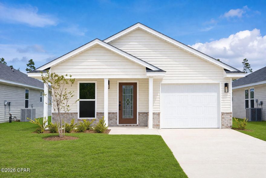 Come check out this brand-new construction, cozy, 1,365 square footage home. The master bedroom features a knockout ceiling, and a spacious walk-in closet. The kitchen and bathroom counter tops are granite. All stainless steels appliances are included. It is located in the desired Fox Glenn community. This community is located approximately 9 miles from Tyndall Air Forces Base, 22 miles from Mexico Beach, and 22 miles from Panama City Beach.