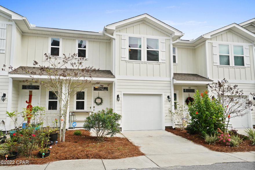 Don't miss this terrific offering in the cozy Waterfall community! Enjoy the best of both worlds: the peace of living slightly tucked away from the hustle and bustle and the convenience of being located close to the sugar white sands of Panama City Beach, grocery stores, restaurants, shopping, and more! This wonderful townhome is fantastic as either a primary residence or long-term rental income producer. Super-efficient floorplan 3Bed/2.5bath downstairs has an open living, kitchen, and dining room with a half bath. The kitchen features stainless-steel appliances, 3 cm granite counter tops, tons of counter space, storage, and deep double sinks. Upstairs you'll find a nice size master suite with walk-in closet, double vanity, and separate shower. There are two additional ample sized bedrooms that share a hall bathroom with a shower/tub combo. Laundry is also conveniently located upstairs. One car garage, adequate backyard, smart home capabilities, and keyless entrance round out this offering. The community features a beautiful resort style pool & clubhouse and is a short walk, bike, or drive to everything the Emerald Coast has to offer. The beach life is waiting for you! 
*Room dimensions are approximate and to be verified by buyer if important.