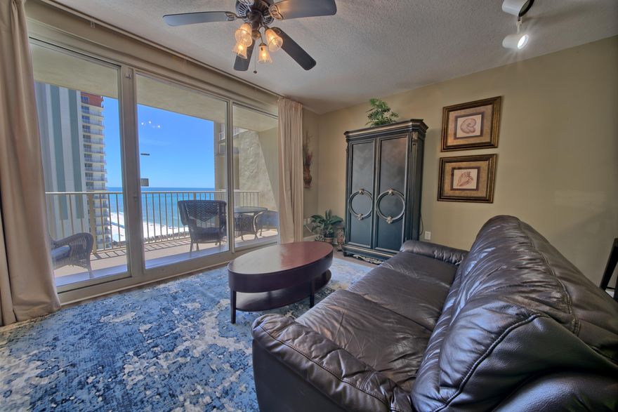 Tastefully done in calming neutral tones this gorgeous two-bedroom, three bathroom plus bunk room condo boasts stunning, elevated views of the beach and a luxurious finish throughout. Recently renovated, with wood-look vinyl flooring and tile. Ideally located in the Shores of Panama, enjoy an inviting open layout which perfectly maximizes the views. Beautiful kitchen boasts granite countertops, matching appliances and a great breakfast bar.  Sip your morning coffee on the balcony and take in the lovely Gulf breeze. Each of the bedrooms are spacious and comfortable including an exquisite master with a wonderful ensuite bath. Unit features Coastal Green Air Energy Saving System. It turns AC off  when doors are open, and turns off the water heater when the unit is unoccupied. Owners recently installed a new washer/ dryer for the unit. A large private balcony is furnished with seating and offers a breathtaking view of the Gulf of Mexico. This incredible Gulf front condo will accommodate 8 guests comfortably. This unit can be a great primary residence, vacation home, or investment property. Shores of Panama is great for investors looking to maximize rental income. 
Shores of Panama is a 23 story Tuscany style condominium of gulf front luxury accommodations offering unparalleled amenities including almost 500' of Gulf frontage, 13,966 sq. ft. million dollar Gulf side, zero entry lagoon-style gulf side pool, Gulf side hot tub, Large heated indoor pool & hot tub, Covered on-site parking deck, Health center with fitness equipment, sauna, full service spa and steam room, Two tiki bars serving lunch and dinner, Beach activities and rental services, Free high-speed internet access, and more, surrounded by beautiful exterior details. The Shores of Panama is an excellent location on the beach next to Pineapple Willy's and is within walking distance of other restaurants and entertainment. Like thousands of visitors each year, your family will LOVE Shores of Panama!