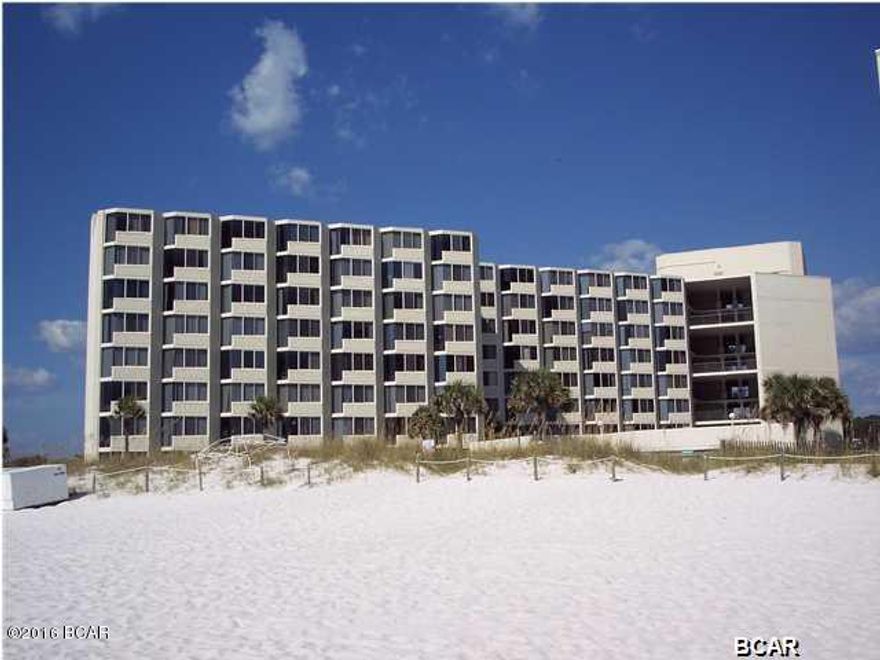 New $5,000 HVAC system just installed!  Fully furnished gulf front condo in Panama City Beach, Florida. This is one of the units looking directly out to the beach and pool. Great little condo complex features washers/dryers on various floors, large pool, kiddie pool, an elevated sun deck, and snack bar. Come see this fabulous property while it is still available. (all information approximate, if important please verify)