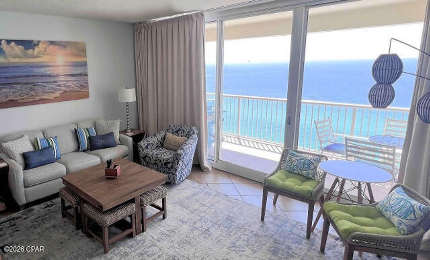 Majestic Tower 1 #1913 is fully-furnished with a beachy, boho vibe, new stainless appliances, granite countertops, white Shaker cabinets, large fully-equipped kitchen, king bedroom, updated vanity with walk-in tile shower, polymer Adirondack chairs, new ceiling fans and water heater.