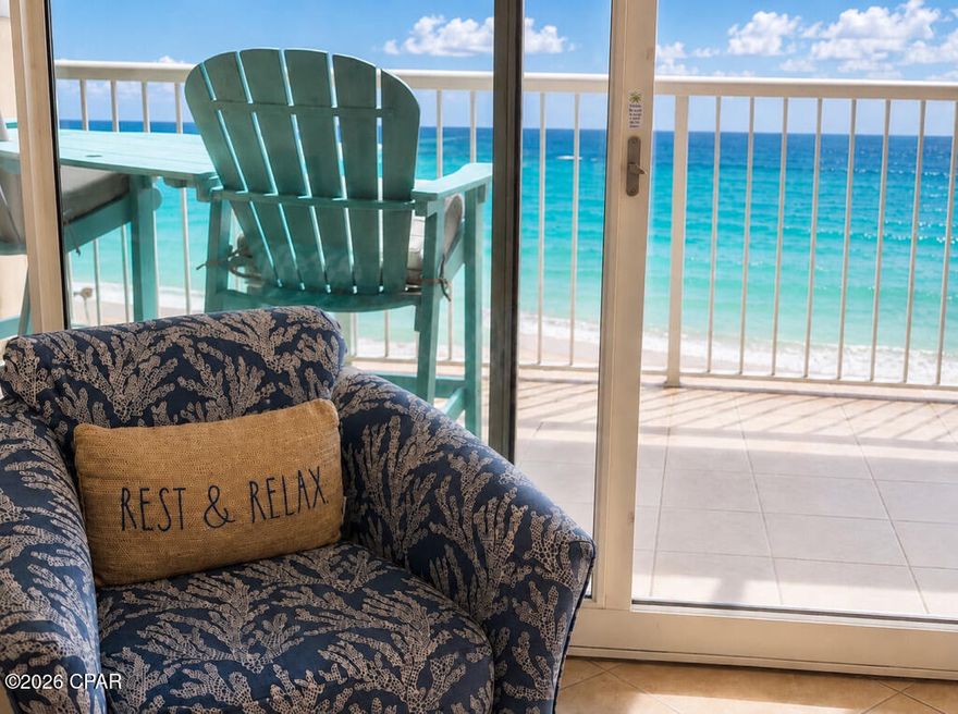 Majestic Tower 1 #1913 is fully-furnished with a beachy, boho vibe, new stainless appliances, granite countertops, white Shaker cabinets, large fully-equipped kitchen, king bedroom, updated vanity with walk-in tile shower, polymer Adirondack chairs, new ceiling fans and water heater.