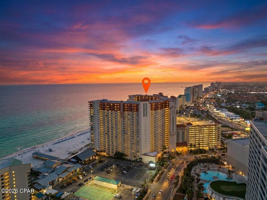 Penthouse unit with deeded first-floor parking space at one of Panama City Beach's premier resort-style complexes! This stunning 2-bedroom, 3-full-bathroom condo with bunk hall sleeps 8 comfortably and sits on the top floor with breathtaking panoramic views of the Panama City Beach skyline and the Gulf. No units above you for ultimate privacy and tranquility.
Step into your own beachfront paradise at this exclusive penthouse in Shores of Panama, where luxury living meets unmatched convenience. Short-term rentals are allowed, making this an excellent investment opportunity or vacation home. The unit includes a highly coveted deeded first-floor private parking space located directly across from the entrance, offering effortless access and added value that sets it apart.
Designed for families and groups, the layout features two spacious en-suite bedrooms and a bunk room with its own full bathroom. The master bedroom offers sweeping Gulf views, perfect for relaxing. From the master suite, living room, and kitchen, enjoy a view of the emerald-green waters with complete peace and privacy on the top floor.
Recently refreshed with fresh paint and modern touches, this open-concept home flows seamlessly for both relaxation and entertaining. The kitchen is equipped with stainless steel appliances, granite countertops, and a breakfast bar, making meal prep easy while you soak in the stunning scenery.
Shores of Panama stands out as one of Panama City Beach's most impressive resort-style properties. At its heart is the expansive 14,000-square-foot Gulf-front lagoon-style pool featuring a lazy river, zero-entry beach area, dolphin fountains, dramatic bridges, and a kids' play zone. Unwind with a cocktail at one of the two tiki bars, take a dip in the heated indoor pool and hot tub, or pamper yourself at the full-service spa and sauna. Additional amenities include a state-of-the-art fitness center, onsite coffee and donut shop, and convenient beach services for chairs, umbrellas, and water sports.
Whether you're looking for a primary residence, a vacation getaway, or a high-performing rental property, this top-floor penthouse delivers the ultimate coastal lifestyle with luxury amenities, direct beach access, and effortless convenience. Don't miss this rare opportunity--contact us today to schedule a private showing and turn your dream of beachfront living into reality