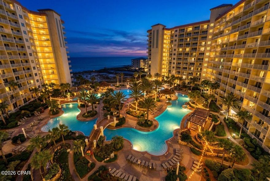 Penthouse unit with deeded first-floor parking space at one of Panama City Beach's premier resort-style complexes! This stunning 2-bedroom, 3-full-bathroom condo with bunk hall sleeps 8 comfortably and sits on the top floor with breathtaking panoramic views of the Panama City Beach skyline and the Gulf. No units above you for ultimate privacy and tranquility.
Step into your own beachfront paradise at this exclusive penthouse in Shores of Panama, where luxury living meets unmatched convenience. Short-term rentals are allowed, making this an excellent investment opportunity or vacation home. The unit includes a highly coveted deeded first-floor private parking space located directly across from the entrance, offering effortless access and added value that sets it apart.
Designed for families and groups, the layout features two spacious en-suite bedrooms and a bunk room with its own full bathroom. The master bedroom offers sweeping Gulf views, perfect for relaxing. From the master suite, living room, and kitchen, enjoy a view of the emerald-green waters with complete peace and privacy on the top floor.
Recently refreshed with fresh paint and modern touches, this open-concept home flows seamlessly for both relaxation and entertaining. The kitchen is equipped with stainless steel appliances, granite countertops, and a breakfast bar, making meal prep easy while you soak in the stunning scenery.
Shores of Panama stands out as one of Panama City Beach's most impressive resort-style properties. At its heart is the expansive 14,000-square-foot Gulf-front lagoon-style pool featuring a lazy river, zero-entry beach area, dolphin fountains, dramatic bridges, and a kids' play zone. Unwind with a cocktail at one of the two tiki bars, take a dip in the heated indoor pool and hot tub, or pamper yourself at the full-service spa and sauna. Additional amenities include a state-of-the-art fitness center, onsite coffee and donut shop, and convenient beach services for chairs, umbrellas, and water sports.
Whether you're looking for a primary residence, a vacation getaway, or a high-performing rental property, this top-floor penthouse delivers the ultimate coastal lifestyle with luxury amenities, direct beach access, and effortless convenience. Don't miss this rare opportunity--contact us today to schedule a private showing and turn your dream of beachfront living into reality