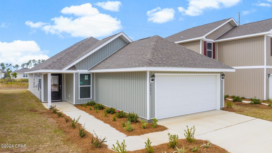 Upon entering the Celeste floorplan you immediately notice the bright entry way afforded by the prairie door.  This 3 bedroom 2 bath, 1403 square foot home is an open floorplan.  The primary bedroom and bathroom are located off the entry at the front of the home.  The primary bathroom has double sink vanity, large shower, and a huge closet.  Proceed down the entry hallway passing the laundry area as you enter into the kitchen, dining, and family area.  The kitchen offers an island with space for bar seating.  On the opposite side of the home from the primary bedroom upfront, there are two spacious secondary bedrooms separated by another bathroom making this home a true split floorplan.
 Liberty neighborhood is conveniently located in beautiful Panama City off Star Avenue near 231. Located just 25 minutes from Tyndall Airforce Base, 20 minutes to hospitals, and less than 15 minutes to shopping, restaurants, and grocery stores you will be amazed at the convenience once you enter the winding entrance to this beautiful sanctuary. Liberty, D.R. Horton's premier new lifestyle community, offers a 7,500 square foot community center with full gym, wellness rooms and much more. Additionally, behind the community center is a water wonderland with resort style pool, splash pads, and an outdoor grilling kitchen with seating.