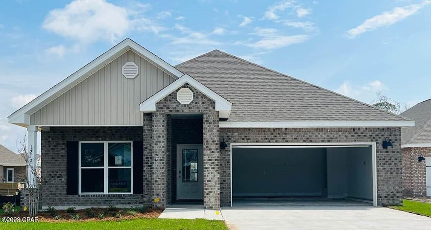 Andrews Park is centrally located off 389 in the very desirable area off Lynn Haven. Our Rhett floorplan is all brick, 4-bedroom 2-bath, it is an open concept floor plan, with a boasting 1,835 sq.ft. The Rhett floorplan has upgraded finishes throughout. You will find 9-foot ceilings with 10-foot trays and beautiful crown molding. The Rhett also has EVP flooring, granite countertops, a large kitchen island with cabinetry on both sides underneath and brushed nickel hardware. This floorplan has energy efficient windows to allow lots of beautiful natural light. The primary bathroom has a beautiful garden tub, perfect for relaxing, and a spacious walk-in shower with a glass enclosure. All of these homes come with Deako lighting and Safe Haven smart home systems. Andrews Park homes feature irrigation systems with reclaimed water to help minimize your water expenses. All homes come with a landscaping and sod package as well as gutters.