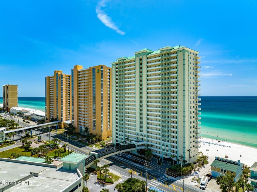 This could be your slice of paradise! 1 bedroom/2 bath unit with bunks in Celadon Beach Resort on the west end of PCB with a beautiful view of the Gulf. Vinyl plank throughout the unit. New water heater in 2019, washer/dryer 2020, whole home purification system and compressor in 2022. Resorts offers many amenities, beach access, two pools, one heated, hot tub, tennis/pickle courts, exercise room, parking garage with climate controlled walk over. 

If measurements are important, please verify.
