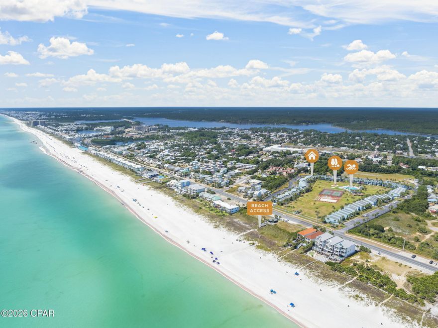 Gulf-Front Comfort Meets Coastal Charm! Welcome to your dream beach retreat in the highly sought-after Sunnyside Beach & Tennis Resort, where 350 feet of private beachfront and resort-style living come together on the quiet West End of Panama City Beach. This beautifully designed 2-bedroom, 2.5-bath condo offers the perfect balance of comfort and charm, making it ideal for full-time living, weekend escapes, or as a lucrative rental investment. Step inside and you'll find a bright, open-concept living space filled with natural light, soaring vaulted ceilings, and coastal finishes that instantly make you feel at home. The renovated kitchen features modern updates, a central island for meal prep and entertaining, and flows seamlessly into the dining and living areas. Sliding glass doors frame views of the community's picturesque amenities, creating a sense of connection between indoor comfort and outdoor leisure. Upstairs, a versatile loft area provides the perfect spot for a reading nook, creative workspace, or home office. The spacious primary suite boasts its own full bath, while the guest bedroom and additional full bath ensure privacy and convenience. A powder room on the main level adds thoughtful ease when hosting friends and family. Outdoor living is just as inviting, with semi-private patios overlooking lush tropical landscaping; perfect for morning coffee, al fresco dining, or enjoying Gulf breezes at sunset. Recent upgrades such as LVP flooring throughout, modern lighting, and smart storage solutions create a fresh, practical, and stylish coastal vibe. Life at Sunnyside Beach & Tennis Club is more than a residence - it's a lifestyle. Residents enjoy direct access to a private beach via a safe pedestrian tunnel under Front Beach Road, leading straight to sugar-white sand and emerald Gulf waters. Resort-style amenities include two community pools (one designed for kids), tennis and shuffleboard courts, volleyball, a playground, and a clubhouse with games and free WiFi, even on the beach. Expansive green spaces encourage evening strolls, laid-back afternoons, or simply soaking in the beauty of the Gulf. Dedicated parking, ample guest spaces, and boat/trailer storage options add convenience for both owners and guests. Spread across nearly 18 acres of lush coastal grounds and pristine beachfront, Sunnyside is a rare gem that feels worlds away yet remains close to everything. You're just minutes from local dining and shops, Pier Park's vibrant entertainment district, and a short scenic drive from 30A with its art galleries, boutique shopping, and unique coastal culture. Whether you're searching for a forever home, a relaxing family retreat, or a property with excellent rental potential, this condo has it all. Gulf views, private beach, resort amenities, and a prime West End location - this is where coastal dreams meet everyday reality.