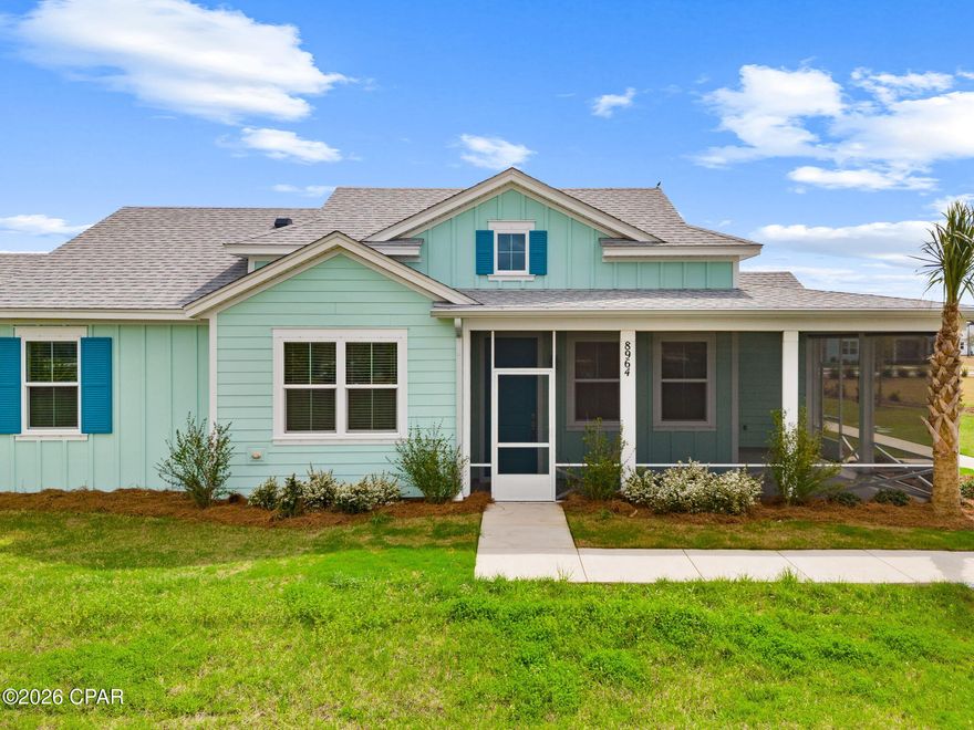 POPULAR DREAMSICLE FLOOR PLAN WITH PRIVATE FRONT AND SIDE YARD. Large end unit with wraparound porch has tranquil sunset views over beautifully-landscaped green space! Each window provides a private view - no overlooking the neighbor's homes here. Ideally located close to Town Square with walking trails providing a shortcut to the amenities, in the fun and social phase 6BC. Walk to Flip Flop Square, the gathering place for this phase, where weekly meet-ups and special events occur. Nearby West Bay Center, including our new Publix grocery is already under construction and a quick golf cart ride away. This perfectly upgraded home features an inviting open-concept great room highlighted by a Margaritaville-style beamed ceiling. Numerous upgrades including cool tile flooring throughout, decorator pendant lighting, quartz countertops, upgraded cabinetry with soft close drawers, designer paint and wallpaper accents. Additional highlights: Wraparound screened porch with additional retractable shade. This exceptional home offers a rare opportunity to enjoy a move-in-ready cottage in one of Latitude Margaritaville Watersound's most desirable locations--just steps from the community's celebrated amenities, events, and lifestyle. A perfect primary, second home or investment property ready for immediate occupancy. Living in Latitude Margaritaville Watersound means embracing a true resort-style, active adult 55+ community, coastal lifestyle designed for fun and relaxation. At the heart of it all is the Town Square where live entertainment fills the air each afternoon plus every Fri/Sat night! Homeowners enjoy the Resort-style pools - perfect for lounging in the Florida sunshine or enjoying a swim with friends. State-of-the-art fitness center & group classes - including yoga, spin classes and lap pool and spa, water aerobics to name a few. Walking, biking, and golf cart trails that wind through the community with easy access to all amenities and a underpasses for safe and convenient access throughout the neighborhood.
