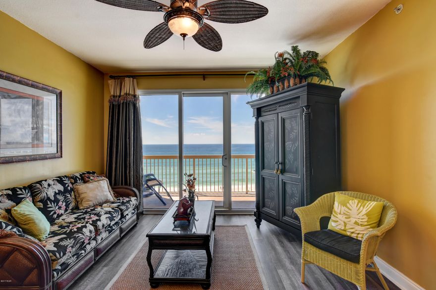 Enjoy the beach or one of Calypso's beautiful gulf-front pools. Calypso is in a prime location when it comes to eating out and looking for some fun after a day at the beach. You can see Pier Park, and walk to a number of restaurants. Pier Park is full of outdoor shopping, entertainment, and food - it's the perfect place for a family night out.



Beautiful and spacious unit with 2BR | 2BA + Bunk.



The entire unit has solid flooring, making clean up incredibly easy. Past the tiled entryway, the living space and master have beautiful vinyl flooring.



The kitchen has updated dark granite countertops and looks out to the beautiful gulf. Off the kitchen, there is also a wet bar. Some of the lighting fixtures in the unit have been updated for a more modern aesthetic. In this unit, the laundry room is not a stack, but rather has side-by-side machines. There are two closets in the laundry room as well, providing extra storage.

The master bedroom is GULF-FRONT, you fall asleep and wake up to the beautiful sound of the waves crashing into the shore. There is a huge walk-in closet and nice master bath with his and hers sinks.

Aside from the two bedrooms, the additional bunks are not just built into the hall, but rather have their own room, with a door for privacy.

In premium location within the west tower, this unit is far enough from the elevator to avoid the foot traffic noise but close enough for convenience getting to and from your unit. Also on a low floor unit, this unit is the perfect getaway for you, your family, and friends!