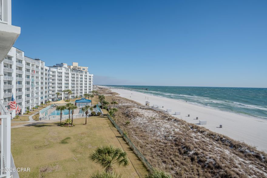 Moonspinner 3 bedroom 3 bath corner unit.  Two gulf front masters with ensuite bathrooms.  There is one large balcony with a second smaller private balcony for one of the masters.  Moonspinner is located next to St. Andrews State park and you can see the pass, jetties, and boat traffic from the balcony.  This unit has been family owned since built.