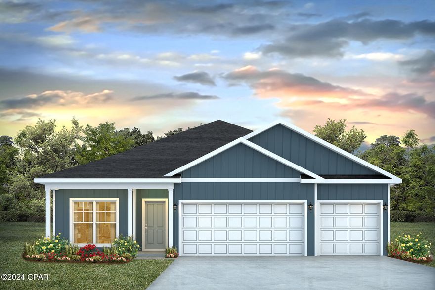 Corner lot!! Welcome to the Madison, a new home floor plan at Titus Park in Panama City, Florida. The Madison is one of our many featured one-story homes at the beautiful Titus Park community.

When you walk into the home, you are greeted by a long hallway that is the center point for bedrooms, the laundry room and garage, and leads to the open living room and kitchen. Beautiful engineered vinyl plank (EVP) flooring lines the main areas of the house and soft carpet covers the bedrooms.

The bedroom closest to the garage also comes with its own bathroom, not shared in the main hallway. The bathrooms have beautiful white quartz countertops and white cabinets that enhance the beauty of this home.

Entering the kitchen and living room area, you will notice plenty of natural sunlight illuminating the main area. The living room has tray ceilings that open the room, making your living space feel much more comfortable. The kitchen has stainless steel appliances and comes with beautiful white cabinets. The large island has plenty of storage in it and every surface has elegant white quartz countertops. The dining area is located by the back door leading to the covered rear patio.

Walking into the large primary bedroom, you will also see tray ceilings and three windows that wash the room in natural sunlight. The primary bathroom has a spacious double vanity with white quartz countertops and white cabinetry. The walk-in closet is in the bathroom as well, perfect for when you get out of the separate tub or shower with glass doors.

Appreciate the convenience of a Smart Home technology package, featuring keyless entry and an intuitive control panel for your thermostat, lighting, and security systems. The exterior of this home features Hardie Color Plus Siding and is uniquely engineered to stand up to the harshest elements from wind, rain, fire, freezing temperatures, and hail. Dimensional shingles with 30-year warranty. A landscaped front flower bed at entry way and fully sodded yard. Our Titus Park community features underground utilities making it less susceptible to damage from severe weather leading to fewer outages and more reliable service. Residents of Titus Park can enjoy exclusive access to the newly built amenity center with a pool, BBQ pits and lounge chairs!

The Madison is a favorite choice among buyers in Titus Park. Stop by the model home today to see for yourself and find your next home at Titus Park in Panama City!