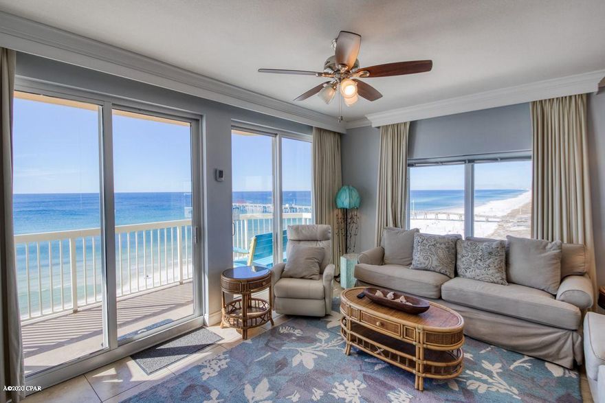 CURRENTLY UNDER CONTRACT, SELLER ACCEPTING BACKUP OFFERS. Coveted 3-bedroom west-facing corner unit in Calypso's west tower. This desirable 8th floor unit boasts tile floors throughout and stunning panoramic gulf views from nearly every room, including the luxurious Gulf-front master suite. Sells fully furnished and turn-key ready for immediate rental or personal enjoyment. Calypso is ideally located adjacent to Pier Park. Soak up the sun on the sugar-white sand beaches, play in the emerald waters of the Gulf, or lounge by the Gulf-front resort pool (heated seasonally). The private Gulf front balcony, accessible from the living area and the master suite, is the perfect place to unwind and enjoy the soft coastal breeze and the rhythmic sound of the surf just below.