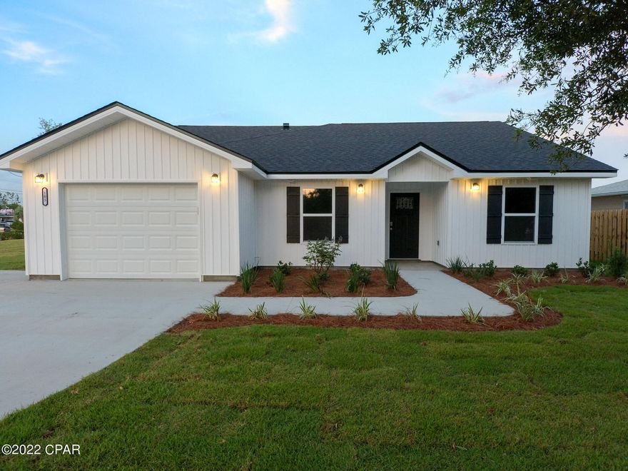 Beautiful new construction home in a quiet well established neighborhood. Close to Tyndall AFB, water, schools, parks, restaurants, and stores. Large modern kitchen with granite counter top, soft closing Shaker cabinets and stainless steel appliances. The open floor plan kitchen, living and dining room is great for family get togethers and entertaining. Neutral paint color and seamless vinyl plank flooring throughout the home will match any home Décor. Spacious master bedroom with ceiling trays, walk in closet and master bathroom with double vanity granite counters and tiled shower. Beautifully landscaped yard front and back with a timed sprinkler system. Energy efficient home with a high efficiency heat pump, Low-e windows, ceiling fans and insulation even between inside walls. Home is built on a corner lot with little traffic because of its short road that ends in a Cul-de-sac. Contact your favorite Realtor today for a showing. All measurements are approximate, please verify if important. Home will come with Heat Pump, appliance and builder warranties.