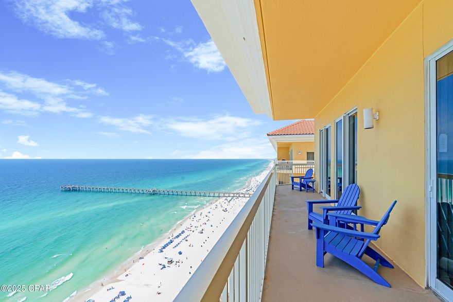 Calypso I-2309 is a beautifully updated 2BR/2BA Gulf-front corner condo, perched on the top floor with one of the most impressive balconies on the beach. This west-facing, end-unit layout features a massive wraparound balcony that captures sweeping, unobstructed views of the shoreline, Pier Park, and spectacular sunsets year-round. Inside, the condo has been freshly painted and offers a bright, open-concept design that's ideal for both personal enjoyment and vacation rental use. The Gulf-front primary suite provides direct balcony access and floor-to-ceiling views that make every morning feel like a getaway. Calypso is one of Panama City Beach's premier resorts, with beachfront pools, a seasonal tiki bar, fitness center, covered parking, and direct beach access. Located just steps from Pier Park's shops, dining, and entertainment, this property also sits near several major projects shaping the future of PCB, including Topgolf, Dolly Parton's Pirates Voyage Dinner Show, and a state-of-the-art medical research campus. Whether you're looking for a relaxing second home, a rental-friendly beach escape, or both, Calypso I-2309 delivers location, lifestyle, and long-term appeal.