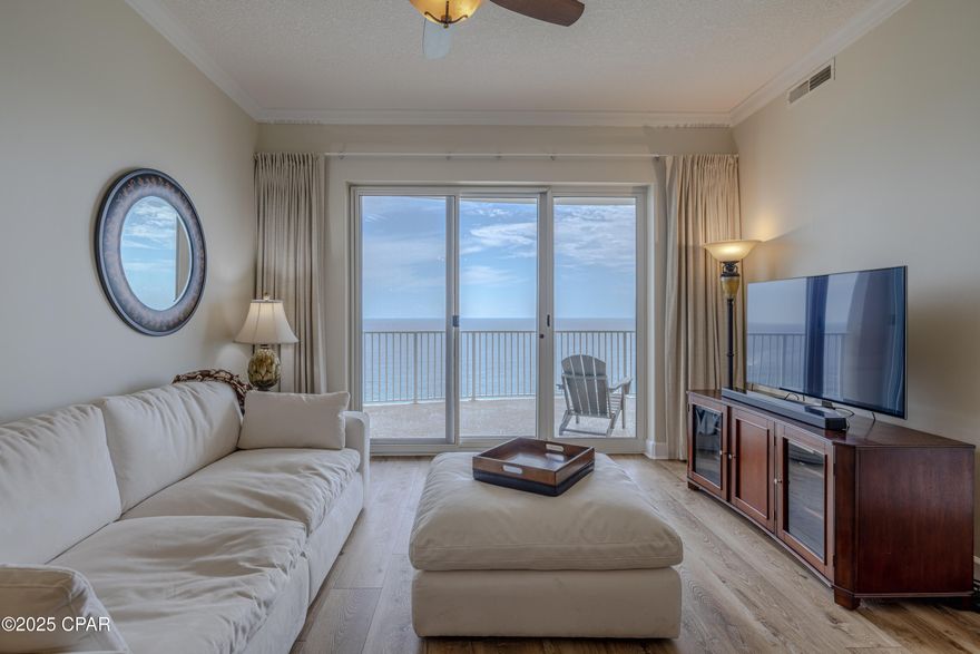 Exquisite Beachfront 2-Bedroom Top-Floor Corner Condo at Ocean Villa
Discover this pristine, never-rented, top-floor end-unit condo at Ocean Villa, gently used by the owner part-time for the past decade. Step into a bright, open-concept layout perfect for short escapes or extended stays. The modern interior boasts Cali longboard LVP flooring throughout and a chic kitchen with sleek granite countertops, marrying style and function. A private owner's storage closet just outside adds convenience. Perched directly on Panama City Beach, this condo features one of the largest balconies among two-bedroom units, offering unrivaled ocean views—perfect for morning coffee or sunset relaxation. Ocean Villa elevates your lifestyle with premium amenities: two pools (one outdoor, one seasonally heated indoor), a spacious hot tub, a vibrant grilling area, and a fitness center with sauna and steam room. Enjoy secure, easy access with an enclosed walkover to a three-story covered parking deck across the street, plus additional parking in the two-story garage beneath the building. Seize this rare opportunity to own a luxurious, turnkey beachfront haven blending comfort and elegance. Contact us to schedule a viewing! Owner is a licensed real estate broker in the state of Florida.