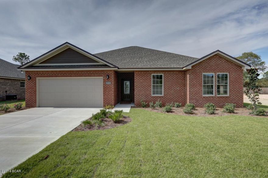 : New construction in just opened Cedar Park offering easy access to greater Panama City, Panama City Beach, and TAFB! All brick home offers great room with 10Ft ceilings, dining room, kitchen with island, solid surface counters, and stainless appliances, master suite with tray ceiling, double vanity, separate shower and tub, walk-in closet. Other interior features include a fireplace, tile flooring, recessed lighting, custom cabinetry, and ceiling fans...Exterior includes brick siding, 2 car garage, covered porch, and sprinkler system. Cedar Park features landscaped entrance, plans for two parks, pavilion and playground; underground utilities, custom street lighting and sidewalks. All dimensions, measurements and listing information should be verified if deemed important.