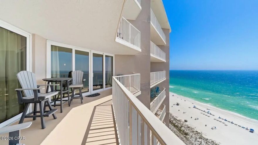 GULF FRONT, FULLY UPDATED, FURNISHED, RENTAL READY, HUGE BALCONY! Beautifully updated and meticulously maintained 2BR/2BA condo at the Dunes of Panama Resort, offering 1,289 sq ft with stunning Gulf views from the living area and master suite, plus breathtaking sunsets from your oversized private balcony. Features include a remodeled kitchen and bathrooms (updated just a couple years ago), along with a gorgeous tiled master shower. The split-bedroom layout offers privacy with ample storage. Sold fully furnished (excluding balcony furniture) and ready to generate income or enjoy as a second home or full-time residence. Resort amenities include 1,500 feet of sugar-white beachfront, 3 Gulf-front pools (one heated), tennis & pickle ball courts, basketball, fitness center, shuffleboard, volleyball, BBQ grills, Stingray's restaurant, and the Sneaky Tiki. Beach life looks good on you--don't miss this one!