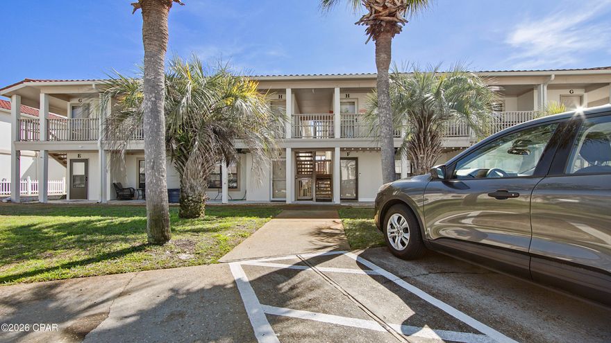 ***LOCATION IS EVERYTHING!!!*** Situated on the south side of the complex, this 1BR/1.5Ba condo is less than a 5 minute walk to the beach. It features a great open concept living area w/ breakfast bar, a large Primary Suite w/ a king-sized bed, plus a bunk area for extra guests. Additional highlights include a full bathroom with a shower/tub combo, a convenient half bath, a new in-unit washer and dryer (no driving to the laundry facility!), the 1st floor location, which means no steps, and  parking right in the front. The current owners have made many upgrades including a new air handler, water heater, LVP flooring, lights, ceiling fans, refrigerator, dishwasher, microwave, disposal, and storm door. Horizon South is a gated, golf cart-friendly community with direct access to the beach, less than a 5-minute drive to Pier Park with its amazing shops, restaurants, and attractions, less than 20 minutes to the airport, and from this unit's phenomenal location, you can walk to Coconuts Bar & Grill, beach shops, the ice cream shop, or McGuires's Irish Pub, which are all less than half a mile away! Amenities include four pools (one heated seasonally), a kiddie pool, hot tub, tennis and pickleball courts, shuffleboard, mini golf, newly renovated fitness center and billiards room, event space, and more. Owners may bring pets, and HOA dues cover water, internet, trash, grounds maintenance, building insurance, and security. If you're looking for a full-time residence, vacation getaway, or short-term rental investment in an unbeatable location, you have found it. CALL TODAY!