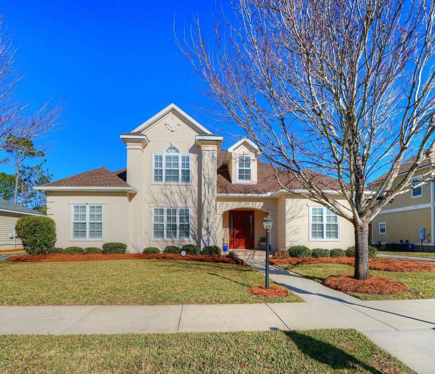 This stunning home offers five bedrooms plus an office at just under 2800 sq. ft. Interior features include raised ceilings, crown molding, columns, stunning tile and wood floors throughout with carpet in the bedrooms. The kitchen is gorgeous with designer cabinets, quartz counters, and stainless appliances. The open floor plan works perfectly for family gatherings and entertaining on those special evenings. The owners retreat is downstairs with his and her closets, amazing master bath with luxurious free-standing tub, and tiled shower. There are two additional bedrooms and the office downstairs. Upstairs features two more bedrooms. Additional features include premium Low E windows, New Roof December 2018, Travertine tiled covered patio with outdoor kitchen, and so much more!Located south of Highway 98, Tapestry is just an easy walk, bike ride or golf cart drive to the beach, and walking distance to the elementary school. The neighborhood is centrally located a short distance to area restaurants, and shopping. Tapestry Park has very low association dues which include tennis, the pool, amazing clubhouse, children's playground, cable and trash.  Age, Square Footage, lot and room sizes approximate, if important please verify.