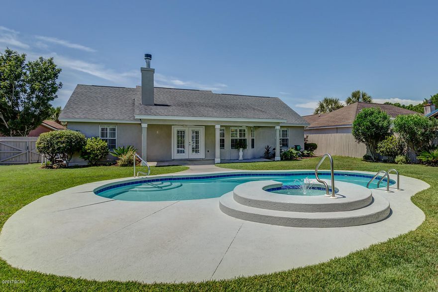 This impeccable 3-bed 2-bath home with incredible inground pool and built in hot-tub has everything you are looking for! Open floor concept, formal dining area, spacious living room with fireplace and a pool view! Kitchen has new stainless steel appliances, uba-tuba granite countertops, backsplash subway tile and breakfast area with bay windows. Split floor plan, all living areas and baths have tile floors and bedrooms have NEW laminate wood floors. Exterior and interior has been recently painted. Enjoy Florida life with an amazing inground pool in your own backyard! Seller save no expense to make it all perfect and updated. One of the few lots that has a LARGE fenced backyard and it has been completely landscaped, plus a large storage shed for the tools and a great BBQ area! Dimensional shingles roof replaced in 2005, 92 gallons water heater, high ceilings detailed with stacked crown molding, plantation shutters on all windows, driveway and garage stained concrete, stone walkaway and manicured lawn. Come see for yourself! Hidden Pines neighborhood has convenient access to the Hathaway Bridge and the Navy Base. No HOA fees! All measures are approximate, please verify if important.