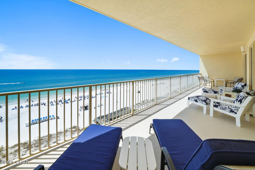 Gulf Crest 703 has one of the BEST 2BR/2BA floor plans in Panama City Beach with its WIDE open concept living space located on the highly sought after 7th floor (not too high, not too low) and includes one of the most desirable ASSIGNED parking spaces in the entire property (short walk to elevators). This immaculate condo has been a non-rental, and is turn key rental ready or can be used as a Second Home with tile in kitchen and solid surface flooring in bedrooms and living room. Gulf front primary bedroom with en suite featuring a tiled shower and dual vanity. King Size bed in both bedrooms, and bunks off the living room/dining room. Most furniture and furnishings are less that one year old and included in the price. New high end exterior balcony furniture and top of the line washer/dryer. Yes, this one's a little more expensive. But when you see it, you'll know where that extra money went. Nothing wrong with the others, but this one is what you deserve and your friends will want to reserve for their vacation.