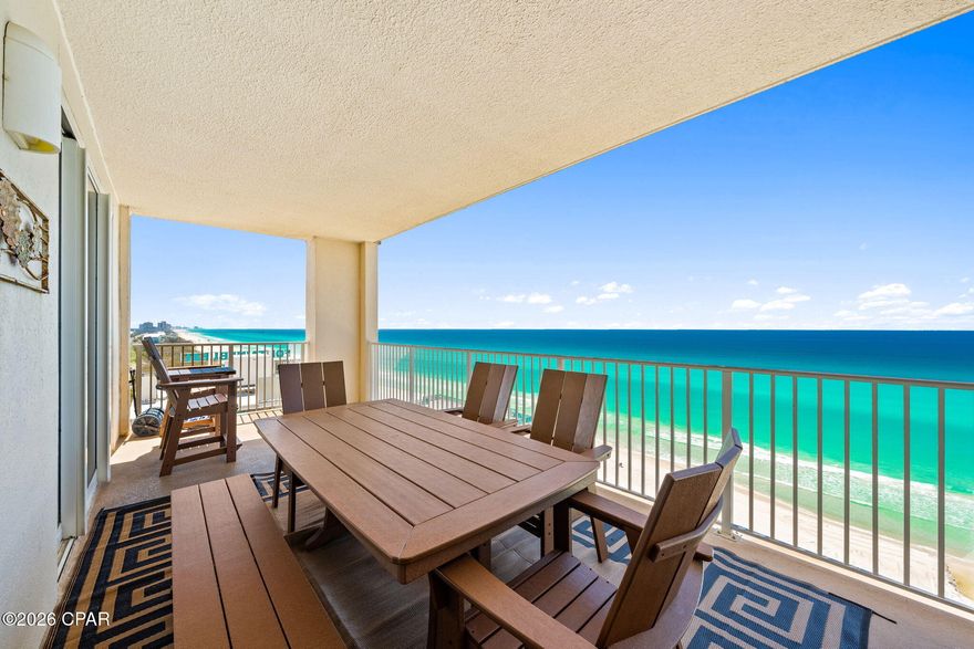 Enjoy breathtaking Gulf views from this 4 bedroom, 3 bathroom east-facing corner residence overlooking approximately 20 miles of Panama City Beach's sugar white shoreline. The spacious open living and kitchen area, along with the primary suite, provide beautiful coastal views and access to a private balcony, creating an ideal setting for relaxing or entertaining.

The kitchen features stainless steel appliances, granite countertops, crown molding, and tile flooring throughout. Offered fully furnished, this residence provides a move-in ready opportunity for a primary residence, second home, or investment property with short term rental potential.

This unit includes an assigned parking space conveniently located under the building near the elevators, along with additional guest parking availability. Positioned on an ideal floor level, the residence offers an excellent balance of elevation and proximity to the beach.

Community amenities include approximately 300 feet of direct beach access with boardwalk, gulf-front seasonally heated pool, indoor heated pool, hot tub, grilling area, fitness center, and sauna. Association dues are structured equally among units regardless of size.

Conveniently located near Pier Park and Russell-Fields Pier, offering shopping, dining, and entertainment. Additional nearby attractions include Shell Island, Shipwreck Island Waterpark, WonderWorks, Ripley's Believe It or Not, ZooWorld Zoological Park, dolphin tours, and fishing charters.

All measurements and square footage to be verified by buyer if important.