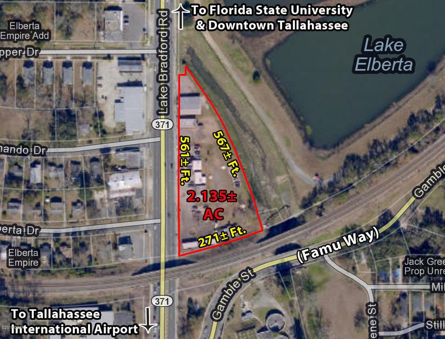 Prime Commercial Site located on Lake Bradford Road just south of Florida State University, and within walking distance to FSU Doak Campbell Stadium.  This site is strategically positioned along Lake Bradford Road in the heart of the City of Tallahassee Blueprint Project Gateway District, which includes road beautification and improvements.  The site is zoned CU-45 in the City of Tallahassee which allows for many uses.  Situated west and adjacent to the Lake Elberta City of Tallahassee Park and in close proximity to the south entrance of FAMU Way, the gateway to Florida A&M University.  This is a great development opportunity in a emerging market area in the heart of Tallahassee.