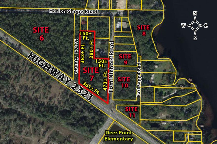 Excellent 3.4 Acre Residential Development Opportunity near the Deer Point Dam, west and adjacent to Tom Nichols Road on Highway 2321.  This site is noted as Site 7 on the property aerial. Zoned Agriculture/Timberland (AG-2) in Unincorporated Bay County, rezoning & access to municipal water & sewer would require annexation into the City of Lynn Haven.  Additional vacant waterfront and interior land parcels available from .84 acres to 130 acres along the Highway 2321 corridor in the Deer Point Lake and North Bay area. Sites 6 (8 acres) & Site 7 (3.4 acres) can be purchased as a package totaling 11.4 acres for $450,000.