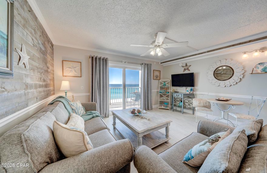 If you are looking for breathtaking  views of the Gulf  its here right on the 8th floor! spectacular Panoramic  views of the Gulf and the beautiful white sands. This condo is being sold turn key completely  ready for you and your guests this season. This unit has a very  Large and roomy bedroom right off the hall upon entering the condo,  complete with bathroom. Dont worry  There is an additional bathroom room for guests as this condo has 1.5 bathrooms!. The condo sleeps like a 2 bedroom with the large and spacious hallway that includes two bunk beds  for maximum sleeping quarters.  The living and kitchen area  open up to the spectacular  VIEWS of this unit with full glass  sliding doors and new balcony alumiumum railings and concrete  deck coating this is a perfect place for morning coffee and unbelievable sunsets . This condo is loaded with amenties including its very own tiki bar, Bar and grill for all your foodie needs , on site store , Tennis , pools(one heated for off season stays ) and hot tubs . The location has unbeatable walkability to local restaurants , shopping and more! Call your favorite Realtor to tour today!