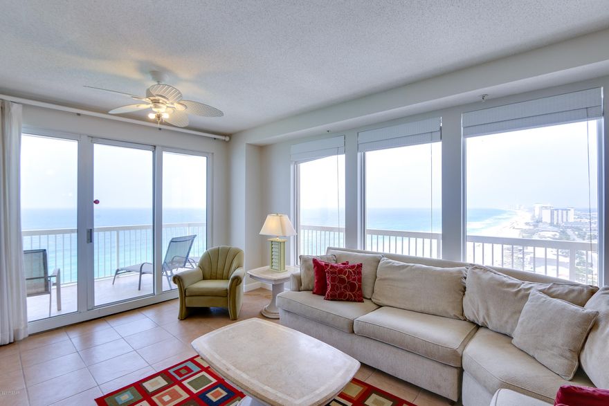 The pinnacle of Gulf front living! This Beautiful 2BR/Bunk/3BA condo offers what some consider to be the best views from any condo in any development in Panama City beach. Massive wrap around balcony is accessible from each bedroom and allows for breathtaking views of the Gulf and Bay. Bank of large windows along the west wall maximizes views from the interior. Can you imagine watching 4th of July Fireworks from this condo? Pride of ownership really shows in this one of a kind property – new paint and carpet in 2017! Open concept kitchen with ample cabinets and counter space overlook the main living and dining area. Gulf side master suite boasts large Master Bedroom, garden tub, walk-in shower, and access to the balcony. Bunkroom lives like a 3rd bedroom. HOA dues include electricity. . Located in very desirable area of Thomas Dr. next to popular restaurant Schooners and less than one mile from St. Andrews State Park one of the most beautiful and popular state parks in the state! This Gulf front building has lush, tropical landscaping, fully equipped fitness center, high speed elevators, Seasonally heated Gulf front pool, Dune walkover, covered parking garage. Escape to the natural beauty of Seychelles Beach Resort. Fronting 200 feet of beautiful gulf-front terrain, this gorgeous high-rise resort condominium rises 22 stories above the sparkling sugar-white sands and emerald green waters, offering spectacular views of the Gulf of Mexico. Seychelles is a great place to have a second home for your family or rental investment.