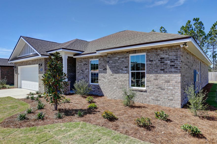 NEW CONSTRUCTION-RECENTLY OPENED CEDAR PARK-4/2 w/ easy access to greater Panama City, Panama City Beach and TAFB! All brick home offers Great Room with 9 ft ceilings, dining room, kitchen with island, granite counters, and stainless appliances, master suite with tray ceiling, double vanity, separate shower and tub,2 walk-in closets.Other interior features trayed ceilings,2 walk-in closets, tile flooring, recessed lighting, custom cabinetry, distinctive lighting fixtures and upgraded ceiling fans.Exterior includes brick siding, 2 car garage, covered porch and sprinkler system. Cedar Park features landscaped entrance and park, pavilion, underground utilities, custom street lighting and sidewalks.Please verify all listing info.All specifications & materials subject to change