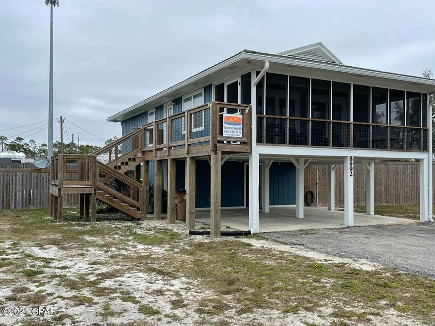 This 4 BR/ 2B home sits on a large lot in a quiet Beacon Hill neighborhood. Only a block away from the sandy white St Joe beach makes this a great getaway second home or vacation rental. Living room, kitchen & dining room are located on the top floor along with 3 bedrooms and a full size bath. A set of spiral stairs takes you down to a private master with office are and private full bath. Both baths have custom walk in tile showers. Enjoy the ocean breeze on the upstairs deck with a partial view of the gulf coast. Have fun with friends and family in the private pool. Being sold completely furnished except for, the framed map in the hallway, sign covering breaker box across from upstairs bathroom, wall clock & deck furniture.