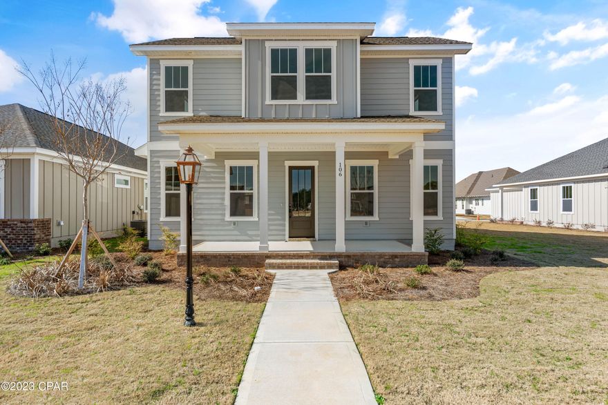 NEW CONSTRUCTION offered in the brand new Tapestry Park Phase III in Panama City Beach built by Southern Coastal Homes.  Homeowners have access to Phase III pool, lighted sidewalks and green spaces as well as access to tennis courts. basketball courts, club house and community pool of subsequent community phases. This 4/2.5 CYPRESS D floorplan is a brand new Southern Contemporary design with old Florida charm and coveted new technology and upgrades. INTERIOR features include tall ceilings, large volume Great Room with an open floor plan, kitchen with center island and vaulted ceiling, custom cabinetry, walk-in pantry, pot filler and stainless steel appliances. The FIRST FLOOR Master Suite has an expansive tiled shower, double vanity and his and her walk-in closets with direct access to laundry room. The second floor holds 3 well-appointed bedrooms ample storage space.
EXTERIOR features of this home include Hardie siding with brick accents, 8 ft doors, rear detached garage with covered grilling porch.
Home includes smart lock, tankless gas water heater, energy efficient appliances, dual A/C units and has been expertly designed by our design team.
*Design board elements subject to change based on availability and without notice.*