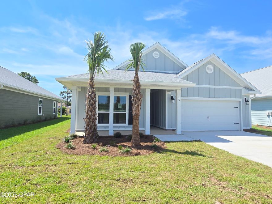 Welcome to 147 Dama Del Mar Way, a new home at Caballeros Estates at Hombre in Panama City Beach Florida. This home is ready for move in and features 4-bedrooms, 2-bathrooms and is centrally located in Panama City Beach. The Delray floorplan presents a harmonious blend of luxury and comfort, creating an ideal setting for a primary residence or a cherished second home.

Step into an inviting open concept living area, where natural light illuminates the EVP flooring. The large kitchen features quartz countertops and beautiful white cabinetry and is complete with brand name appliances including a smooth top stove, microwave and dishwasher. There is a generous pantry which has ventilated shelving for storage. The open kitchen makes both everyday meals and entertaining a delight. Privacy is paramount in the serene primary suite with a spa-like ensuite with dual walk-in closets, a spacious shower, and a dual-sink vanity. The additional bedrooms, versatile and stylish, offer comfortable accommodations for family and guests or adapt to your needs as a home office or media space.

Outdoor living is elevated with a sprawling covered patio, perfect for soaking up the Florida sun or dining al fresco. With energy-efficient features, smart home technology, and robust warranties, this home is not only a haven but a wise investment. Experience the best of beachside living, moments from powdery sands and crystal-clear waters, with the convenience of shops and restaurants nearby. Contact us today for more information on this home.