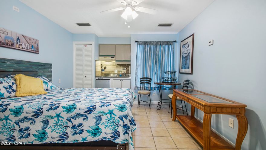 One of the LOWEST Priced Condos only a Block from the Sandy Beaches is for Sale in Panama City Beach, FL.  Do you own a boat?  Want to own a Beach Vacation home or Investment rental property??  This studio condo gets you a place in one of the most the sought after beaches in Florida!  Open parking in the secured complex. The Amenities include a boat dock on Grand Lagoon that leads out to Bay and then to the Gulf of Mexico, Shell Island.  This complex has an in-ground pool on the Lagoon, a sauna, clubhouse, a fire pit, and tennis courts! The Plazas of St Thomas are located above shopping and restaurants and are a short walking distance to public beach access #24.  Boat and trailer parking can be reserved for owners and you can dock your boat while staying in the condo.  Located on the 2nd floor allows you the option to walk the steps or take the elevator.  
This  studio condo is uniquely positioned above retail space, incorporating a restaurant into the complex. This arrangement adds a layer of convenience, allowing residents to enjoy dining options without having to venture far from home. The integration of retail space beneath the residential units contributes to a dynamic and vibrant living environment.

This studio condo at Plazas of St. Thomas offers a blend of security, leisure, and convenience, making it an appealing choice for those seeking a comfortable experience while living or vacationing  in Panama City Beach, FL.