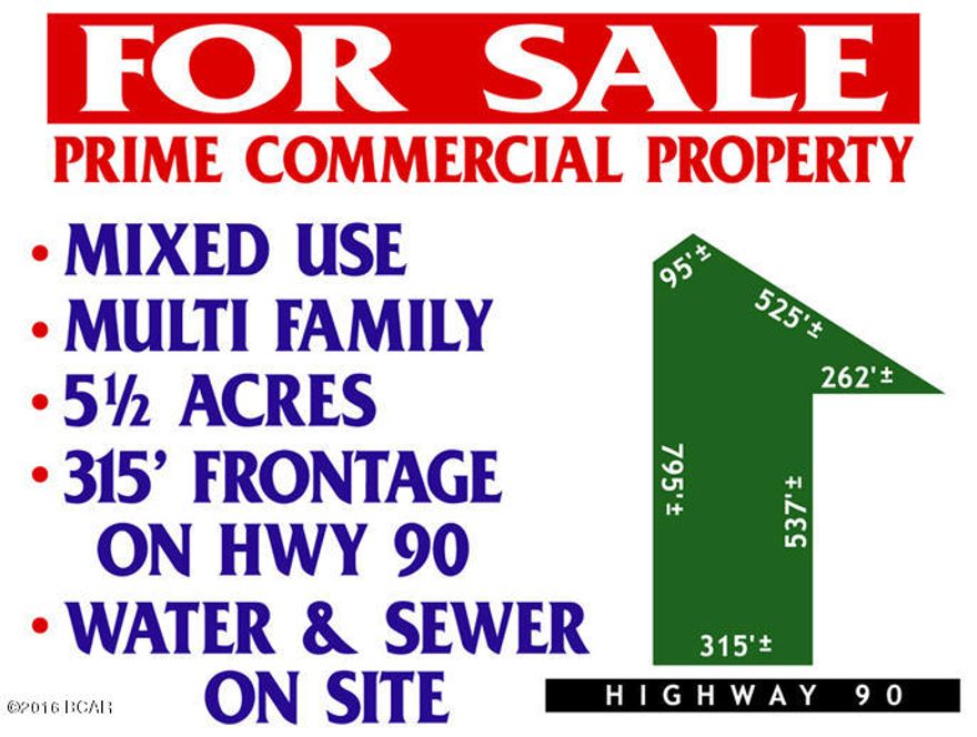 OVER 300 FEET OF FRONTAGE ON BUSY HWY 90 and a total of 5.5 Acres presently designated as Commercial and has water and Sewer running along ROW. Great location for Office Complex, Apartment Complex, Bank, Church, etc. Good frontage and plenty of depth. Median cut directly in front of this property provides easy access for traffic in both directions. Most current FDOT Traffic Count for this location is 22,000 vehicles per day, equally divided with 11,000 each direction. This 22,000 vehicle per day traffic count makes this the second highest count in all of Jackson County.