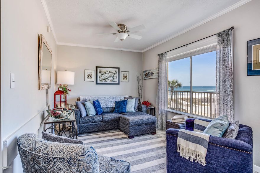 Enjoy the tranquility of the beach as you relax and enjoy the gulf view from this totally renovated beach condo. 

When you step into the unit the tones of gray throughout the unit along with new flooring, cabinets,AC and appliances will impress you. There is no detail left to chance.  This unit is an excellent rental investment as well. Your condo unit is steps from the gulf side pool and the sugar white sandy beach.  Talk about location as Ocean Terrace is walking distance to several restaurants and you are only a five minute drive to St. Andrews State park.   Call today for your private tour.  All information is believed to be true and accurate however it is the buyers complete responsibility for verification of the facts.