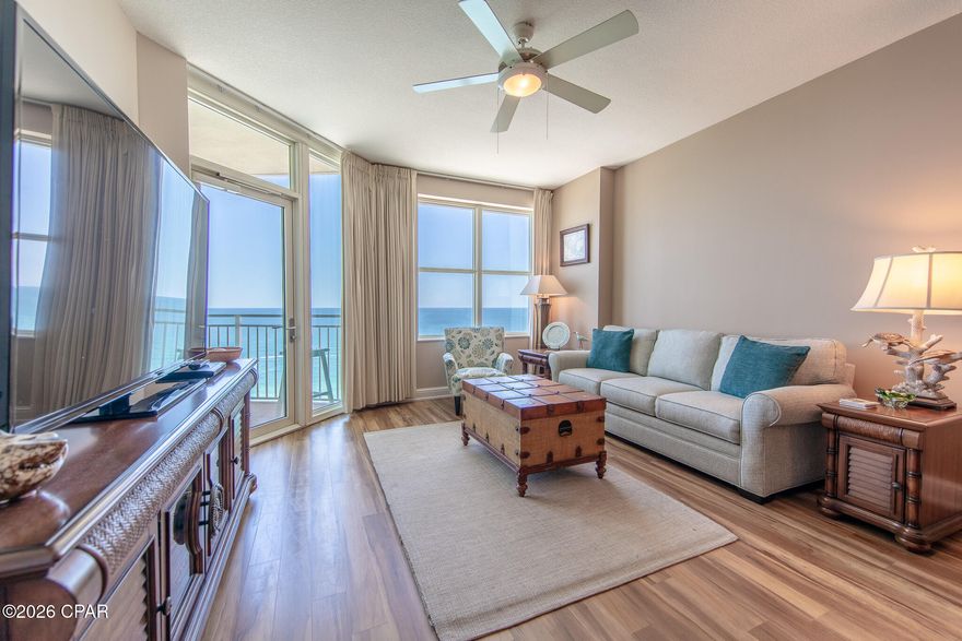 Breathtaking Gulf views from the highly sought-after condo at Aqua 2010 on Panama City Beach's Emerald Coast.  Floor-to-ceiling windows in the living room and master suite offer panoramic views of the Gulf of America with direct balcony access. Private balcony ideal for enjoying sunsets or morning coffee.
  
This beautifully decorated, fully furnished unit sleeps six and features on bedroom, two full bathrooms, and a bunk room with twin over twin beds, and a queen sleeper sofa in living room.  The master bath includes a walk-in shower and separate tub.  the second bathroom offers a walk-in shower.  A modern kitchen with stainless appliances, and granite countertops, and washer/dryer.  

Recent updates include a new A/C (2025), new living room sleeper sofa and chair (2025), updated TV in Livingroom and barstools, and Pollywood balcony furniture (2023).

The resort features a beautiful lobby with cascading water features, poolside cafe, whirlpool spa, and a Gulf-front terrace pool, and fitness center.  Aqua is conveniently located within a short walk of the popular Pier Park shopping, dining, and entertainment district.