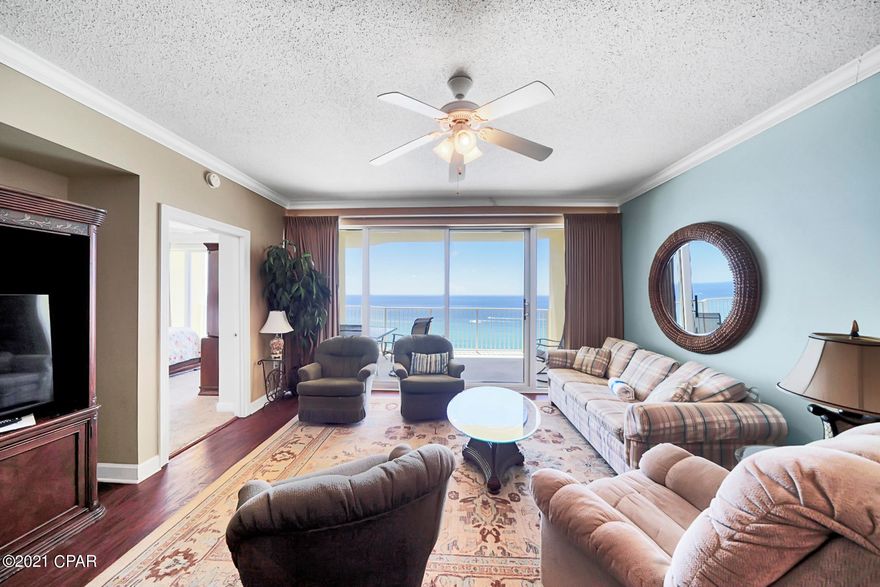 PRIVATE END UNIT ON THE 14TH FLOOR! This one-of-a-kind and rarely available property conjures up images of sun-splashed days of swimming, biking, and relaxing. The 1481sqft 2Bd/2Ba+Bunk is larger than the popular Type B & BB floorplans and it lives like a beach house but comes with all the benefits of owning a condo. Hard surface flooring in common areas and conveys fully furnished with window treatments, and artwork that welcome you to lie back, relax, and enjoy panoramic views of the pool, beach and ocean. Open floor-plan and 9' ceilings allow for fabulous Gulf and sunset views from balcony, living room, dining room, kitchen, & master suite providing the ultimate alfresco living and entertaining environment! Sunset views from the generous, private, balcony are a perfect end to a sunny day and beginning to an exciting evening. MAIN MASTER SUITE is front and center on the beach with direct access to the main balcony and private bath complete with garden tub, separate shower, and large walk-in closet. The master suite opens from a glass slider door to a covered balcony. LUXURY! COMFORT! CONVENIENCE! Can be configured to sleep up to 10 people! EXCELLENT RENTAL INCOME POTENTIAL. Enjoy the good life at the Boardwalk Beach Resort with an unparalleled deck of resort style amenities including: covered parking beneath the building (not across the street); beautiful grounds with a pool, spa, kiddie water play area, tiki beach bar, sauna, steam room, fitness room, & so much more. Rental income potential is a big drawing card for Boardwalk Beach Resort Buyers. The Convention Center sponsors many events that bring guest to Boardwalk Beach & its reputation with the vacationers brings repeat & new guests every year. All measurements & information is deemed reliable but should be verified if important. 
* Unit 1400 is adjacent and may be purchased separately to make this a lockout unit (with HOA approval).