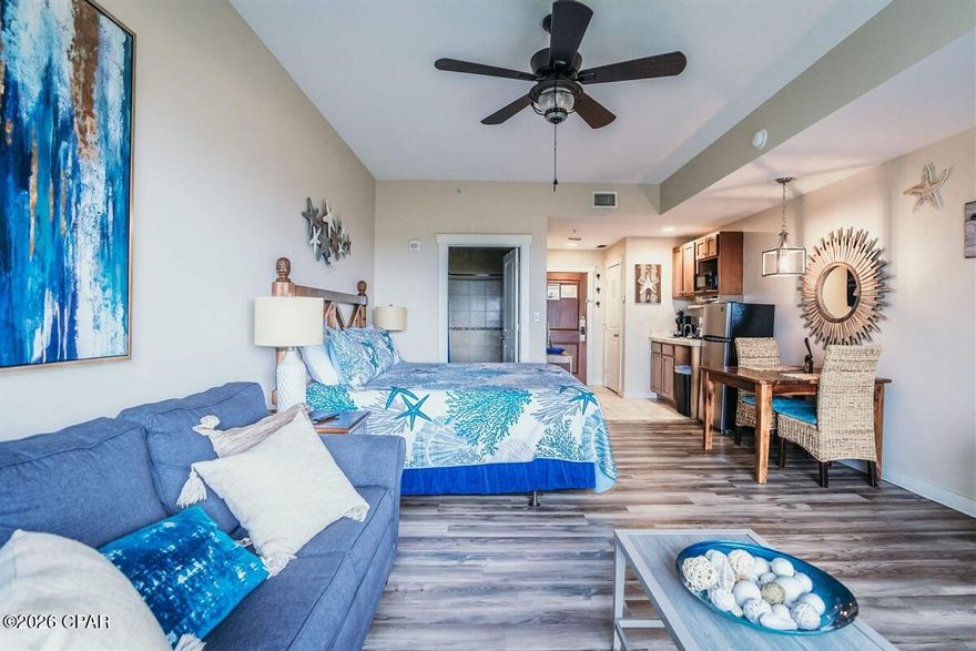 **ATTENTION INVESTORS** Welcome to Stella Maris (The Star of the Sea) Unit #1113 is a quaint studio condo located in the beautiful Origin at Seahaven Resort. Situated on the quiet, rear corner of the building, this unit offers a peaceful retreat away from road and pool noise, while allowing you to stay completely out of the elements with covered parking and interior hallways. Enjoy incredible resort amenities, including a Grand Terrace heated pool, hot tub, theater, arcade, fitness center, and onsite eatery at Beaches and Cream Cafe. You are just steps from the white sands of Panama City Beach and Sharky's beachfront restaurant, with easy access to Topgolf, Pier Park, and Walmart. Fully furnished and short term rental-ready, Stella Maris is the perfect turnkey, low-HOA income-producing investment!