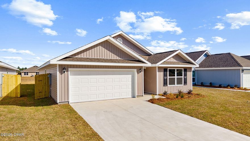 Welcome to the Ryder, a new home floor plan at Morningside in Panama City, Florida. The Ryder is a large open floor plan design complete with many features and space for you and your family. As you walk up to the home, you will be welcomed by the covered front porch and the spacious two-car garage. Around the house you will see durable vinyl siding all around, large yards at Morningside, and a large, spacious covered rear porch as well. Both porches have plenty of room for patio furniture to enjoy your day reading a book or watching those beautiful Florida sunsets.

As you walk inside the home, the guest bedrooms and guest bathroom with are located at the front of the home. Each bedroom comes with soft carpet floors and a spacious closet for clothing and storage. Further down the hallway is the garage and additional guest bedroom next to the laundry room. The hallway opens to the large open living room and kitchen leading to primary bedroom and backdoor. The kitchen has an island, a large pantry, and stainless-steel appliances. Next to it is the dining area with a double window next to the back door looking out into your covered rear patio and large back yard. The bathrooms and kitchen have beautiful white cabinets and granite countertops for modern style and durability. The large primary bedroom has soft carpet floors and plenty of space for a king size bed and furniture since the closet is in the primary bathroom. In the primary bathroom you will see beautiful EVP flooring and a double vanity with granite countertops as well as a walk-in shower.

The Ryder floor plan is a popular choice at Morningside. Schedule a showing to see it today!