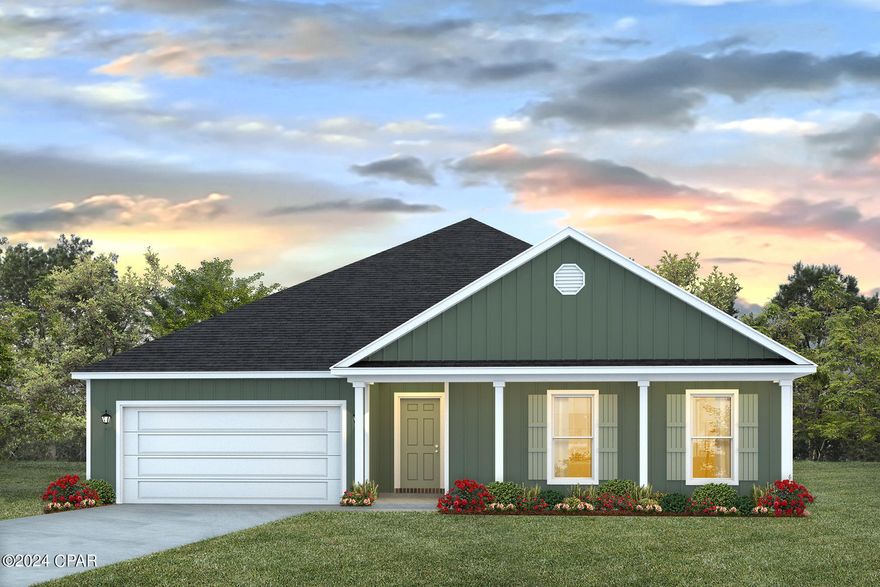 New home under construction in Titus Park This Victoria floor plan is located at 4870 Sandhill way.

The Victoria is a 4-bedroom, 2.5-bathroom, 2 car garage home that has 2,306 square feet and many features. It is a popular floorplan built at many of our communities here in the sunny Panama City, Florida. As you approach the Victoria floor plan, you will notice the large covered front porch and beautiful Hardie Board Plus siding that covers all sides of the house. There is also a covered back patio that has plenty of room for patio furniture to enjoy your morning coffee or having friends over. Each home in our Tradition Series at Titus Park comes with gutters and shingles with a 30-year warranty.

On the inside, you'll notice the sunlight that radiates throughout the home from the many windows and the EVP flooring throughout the main areas of the home. Each bedroom has plush carpet floors and closets with ventilated shelving. The large open living room has tray ceilings and a ceiling fan and opens to the kitchen and dining area.

The kitchen and full bathrooms have beautiful white cabinets and elegant white quartz countertops. The primary bathroom features a double vanity and a separate tub and a shower with glass doors next to a walk-in closet. The guest bathroom also features a double vanity and plenty of cabinet space.

Titus Park is a new home community in lovely Panama City, Florida. Located right off Highway 231, it is conveniently located close to shopping, food, great schools, and not far from Tyndall Air Force Base. Across the street from Titus Park, you will notice that a large grocery store just opened, making it convenient to grab what you need without traveling far from home. You also will be close to 23rd street in Panama City, which has a multitude of shopping, food, gyms, and more.