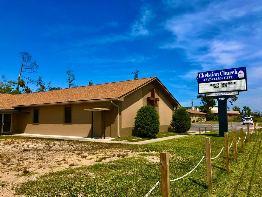 High Visibily, Quality Construction and Geographically Central. The property is currently used as a church. The congregation has plans to move to another location. The buildings can be used for any number of alternate purposes. It would make a fine commercial office, event space or church for another organization. All remediation work was done after Hurricane Michael. The repairs which include the roof, sanctuary, fellowship hall and stormwater retention were completed to a very high standard. The classrooms were left for new ownership to complete as needed and require were little work as the pictures reflect.