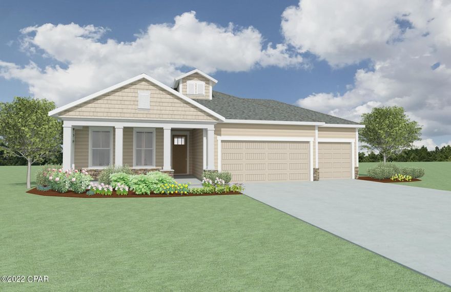 Introducing a new home construction opportunity to be built within Breakfast Point East! This Sand Dune plan with  Craftsman elevation built by Samuel Taylor Homes features 3 bedrooms, 2 baths, study, and 3-car attached garage situated on a homesite backing up to a beautiful wooded area.  All new builds are currently built above hurricane code with 2'x6' exterior wall framing, hurricane tie down rod & anchor system, architectural shingles and higher insulation ratings. Interior standard features include 9 and 10 foot ceilings, Luxury vinyl plank flooring in living area along with tile and plush carpeted floors, granite countertops, gas stove, microwave, dishwasher and garbage disposal. Upgrade options are available. Please visit the Model home located at 206 Basin Bayou Drive for more information! Excellent opportunity to be in the hottest community on the Beach!