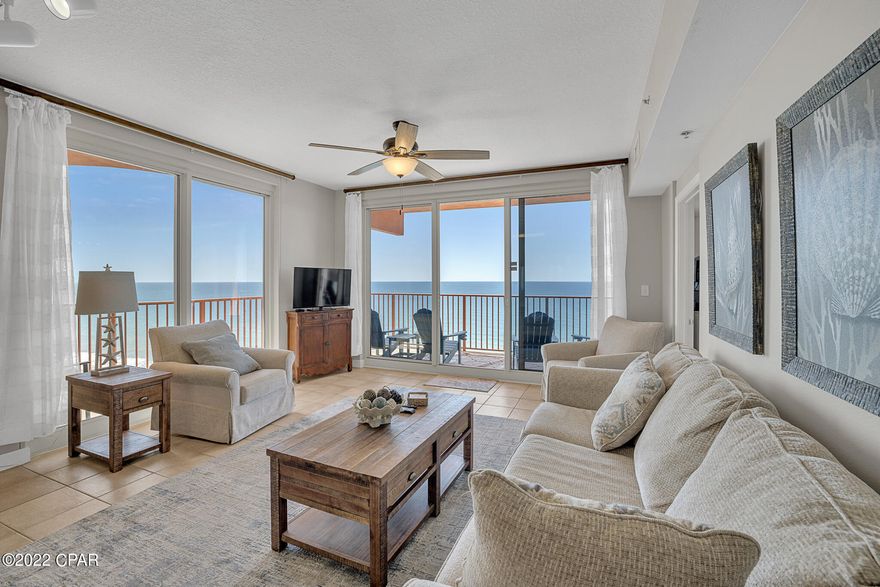 Super rare to see for sale ''E'' type floor plan with wrap-around balcony providing views of the pool and views down the coastline of Panama City Beach, Florida! Shores of Panama 2103  is a 2 Bed, 2.5 Baths, unit that conveys fully furnished and rental-ready. Other notable features included with this unit is a separate bunk room with door for added privacy and tile flooring throughout. Shores of Panama Resort Condominiums are world-renowned for their massive resort-style lagoon pool complete with hot tub and Tiki bars. Other amenities include an indoor heated pool, spa, fitness center, sauna, steam room, and in-resort shopping. All information and HOA Fees are deemed correct, buyers should verify if they are important.