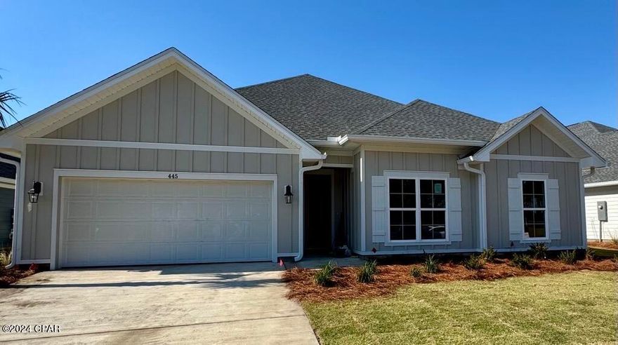 Welcome to 445 Newman Bayou Blvd, one of our newest additions to Breakfast Point in Panama City Beach. This beautiful single-story home holds over 2,100 square feet of elegant interior features and open concept living space, naturally lit by the many windows and elevated ceilings. The Camellia plan features four bedrooms, 2 full bathrooms, EVP flooring throughout, and a large covered back patio.

Upon entering this home, you will first pass by the hallway leading to the three guest bedrooms and full bathroom. Continuing to the heart of the home, the family room welcomes you with lots of natural light from the many windows and elevated ceilings. Overlooking the living area, the chef-inspired kitchen features a large center island with a single basin undermount sink, quartz countertops, stainless-steel appliances, and a corner walk-in pantry. A breakfast nook sits in the corner with the door to the covered back patio.

Across from the family room, you will find a secluded hallway leading to the primary suite. In addition to added privacy, this bedroom boasts of natural light from the large windows, elevated ceilings, and sleek EVP flooring. The bath ensuite includes a dual sink vanity with quartz countertops, a linen closet, large tile shower, and an oversized walk-in closet with wood shelving.

Leaving the primary suite, the laundry can be found at the other end of the hallway along with an additional storage closet, mudroom, and garage entrance.

Beyond the interior features and details, every home is equipped with Smart Home Technology. This thoughtful integration of technology ensures that your new home is perfectly designed to meet the demands of modern life. Enjoy quality materials and workmanship throughout, with superior attention to detail, in addition to a one-year builder's warranty. We would love to give you a tour of our Camellia plan today.
